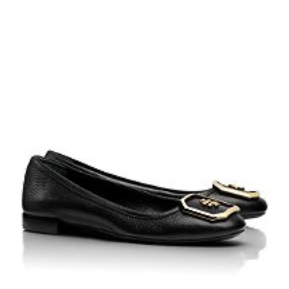 Tory Burch Lawrie Black Leather Logo Plate Flats.